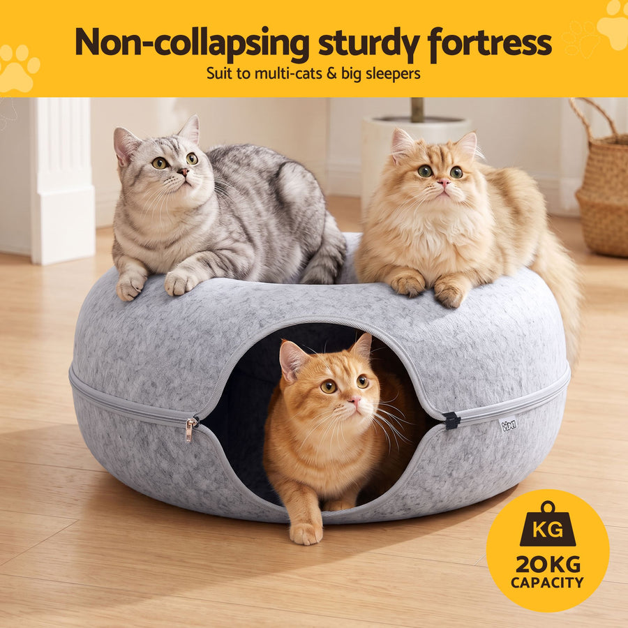 I Pet Cat Bed with Tunnel 60x28cm Donut Felt Cave - KAZIPAWS