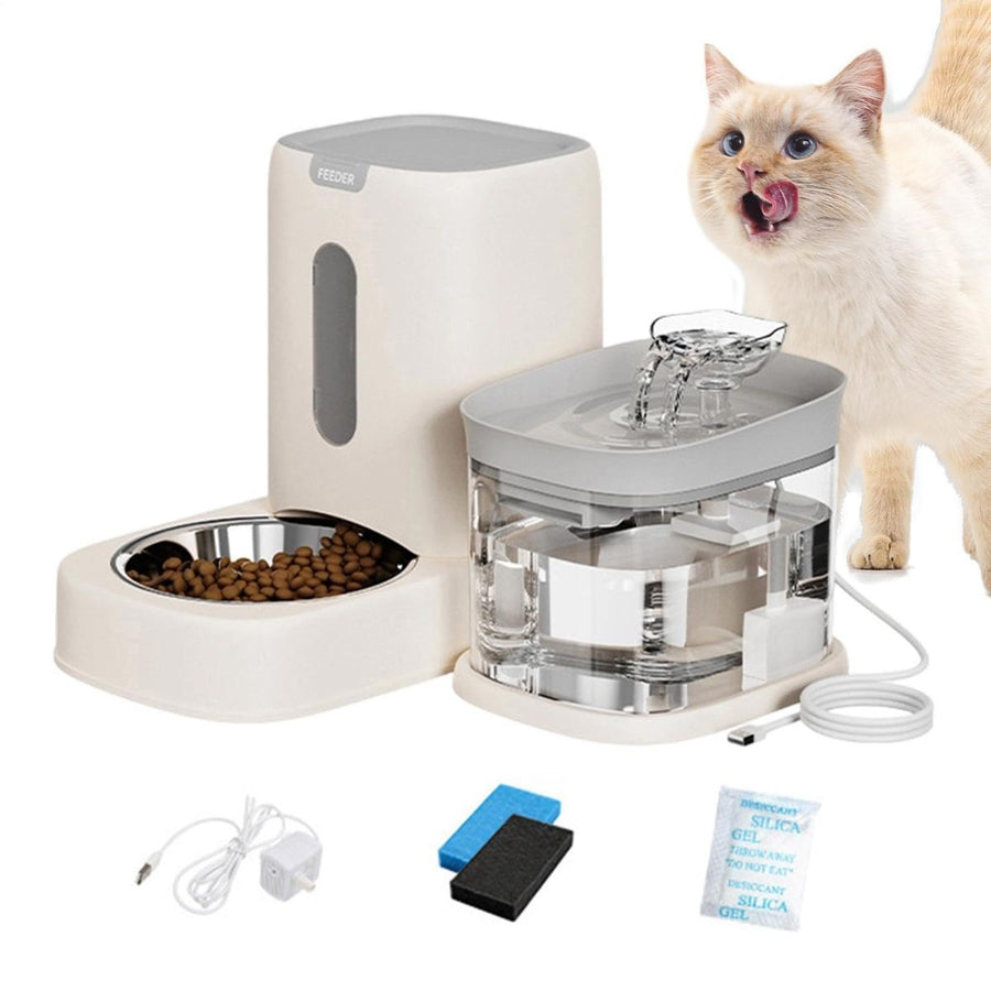 Automatic Cat Feeder and Water 2-in-1 Pet Automatic Fountain Food Bowl Spill-Proof Cat Waterer for Indoor Outdoor Home Vacation Balcony Living Room Bedroom - Pink - Size Feeder and Waterer - KAZIPAWS