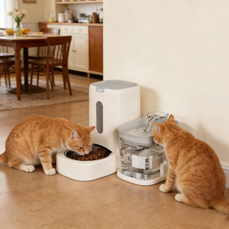 Automatic Cat Feeder and Water 2-in-1 Pet Automatic Fountain Food Bowl Spill-Proof Cat Waterer for Indoor Outdoor Home Vacation Balcony Living Room Bedroom - Pink - Size Feeder and Waterer - KAZIPAWS