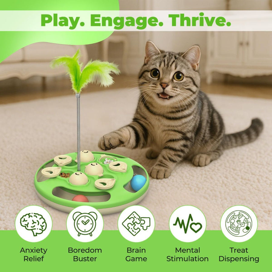 3-in-1 Cat Puzzle Feeder – Slow Feeder, Treat Dispenser & Feather Teaser - KAZIPAWS