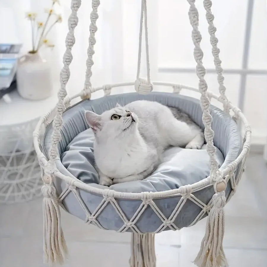 Macrame Cat Hammock Handwoven Cats Bed Hanging Indoor Boho - KAZIPAWS