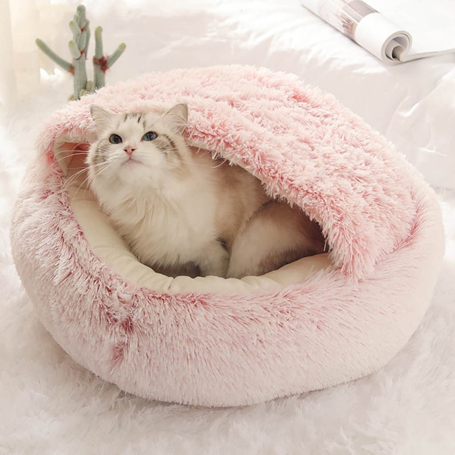 Round Plush Hooded Cat Cave Bed - KAZIPAWS