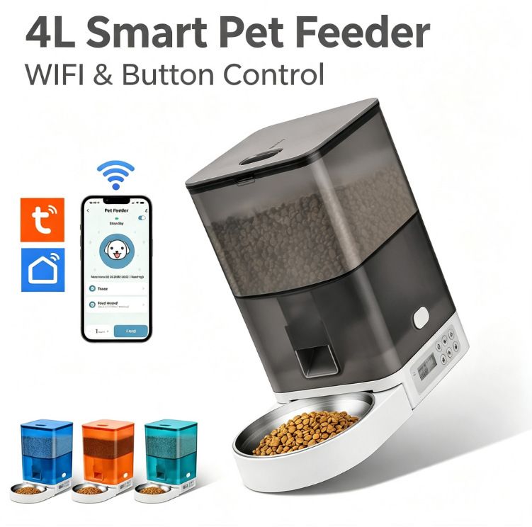 Smart Pet Feeder with WiFi and Button Control, 4L Automatic Cat and Dog Food Dispenser with Removable Stainless Steel Bowl, Ideal for Busy Owners, Travel, and Home Use (Blue, WIFI Version) - KAZIPAWS