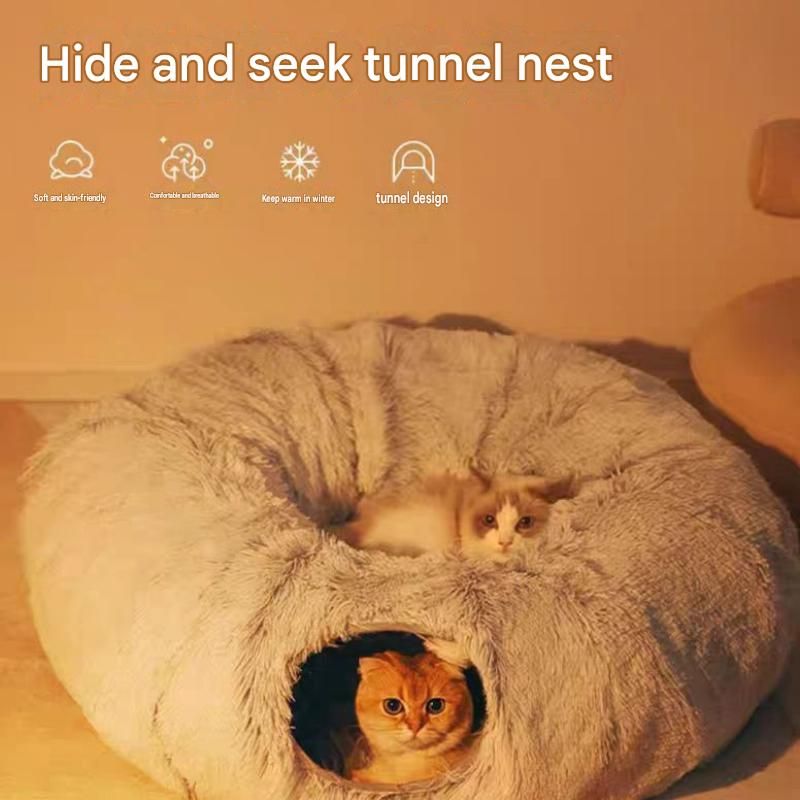Grey Foldable Cat Tunnel Bed Plush 2 in 1 Nest - KAZIPAWS
