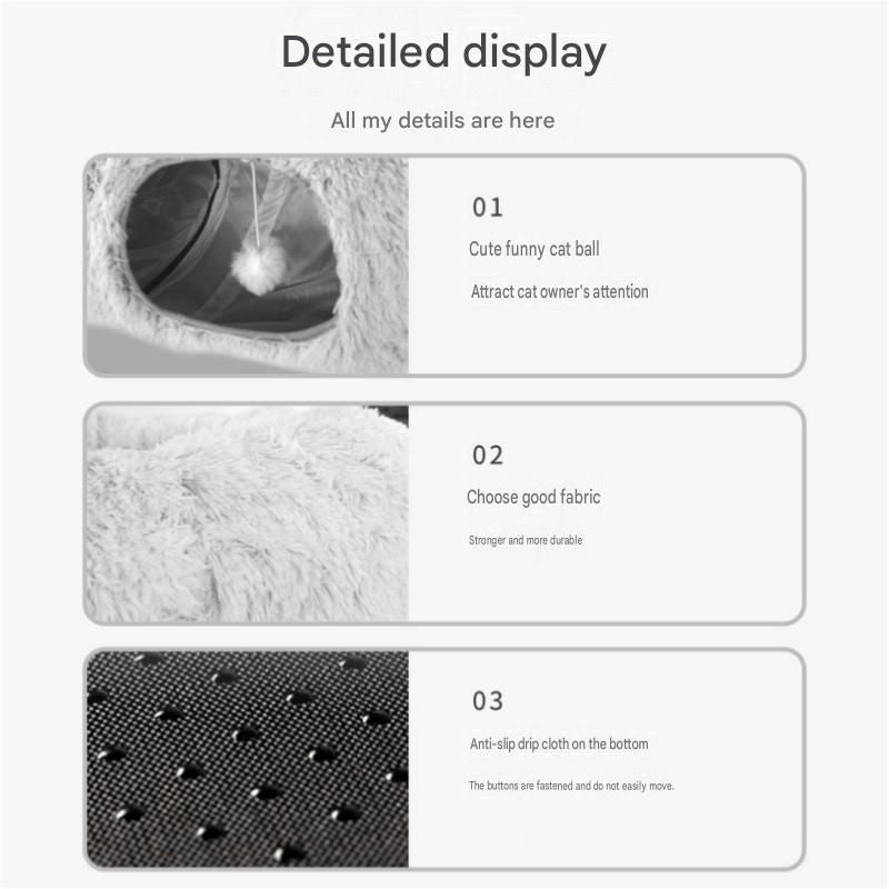 Grey Foldable Cat Tunnel Bed Plush 2 in 1 Nest - KAZIPAWS