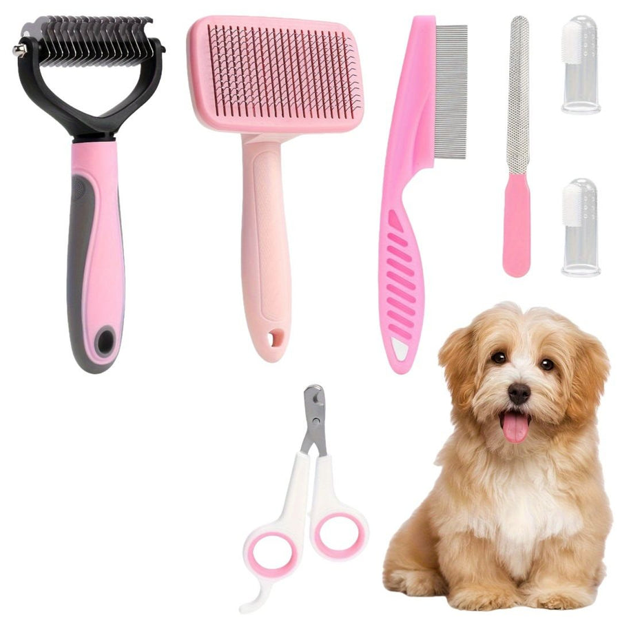 7PCS Pink Pet Grooming, Nail and Oral Care Kit - Selfcleaning Slicker Brush, Dematting Rake, Nail Clipper / File, Flea Comb & Silicone Finger Toothbrushes for Dog Cat - KAZIPAWS