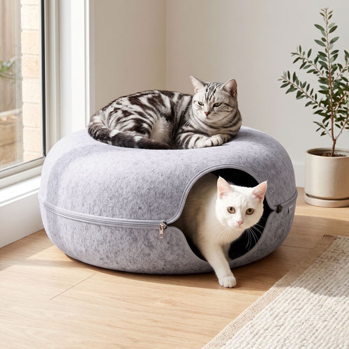 I Pet Cat Bed with Tunnel 60x28cm Donut Felt Cave
