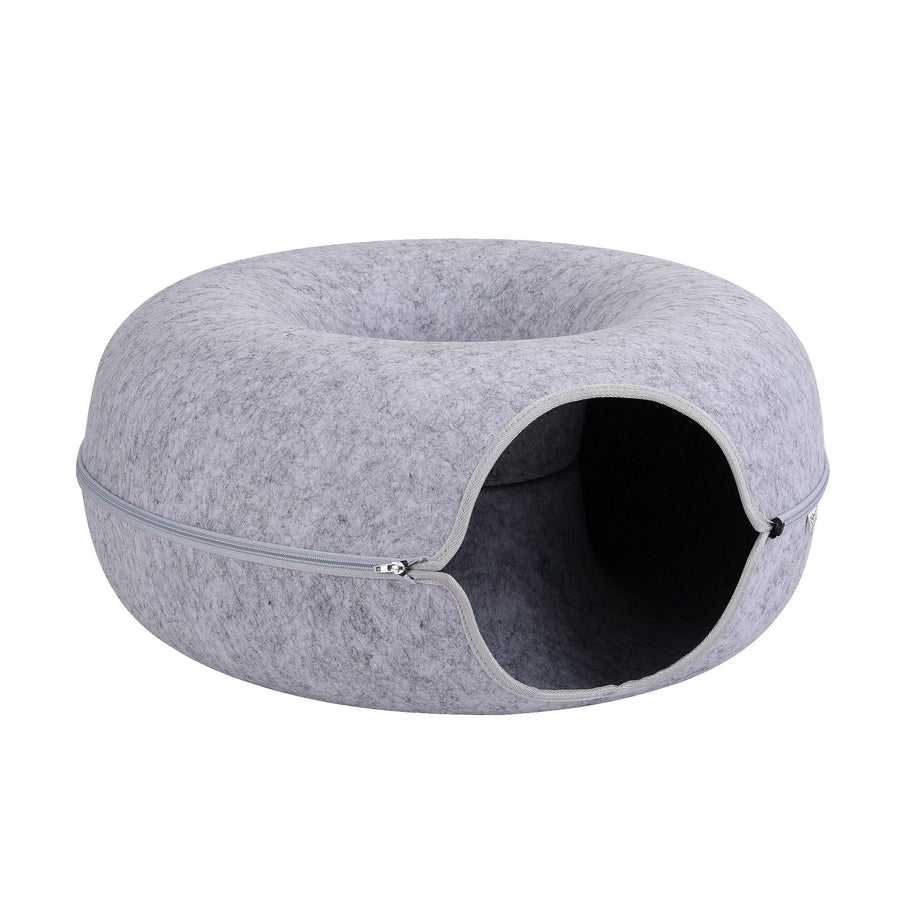 I Pet Cat Bed with Tunnel 60x28cm Donut Felt Cave - KAZIPAWS