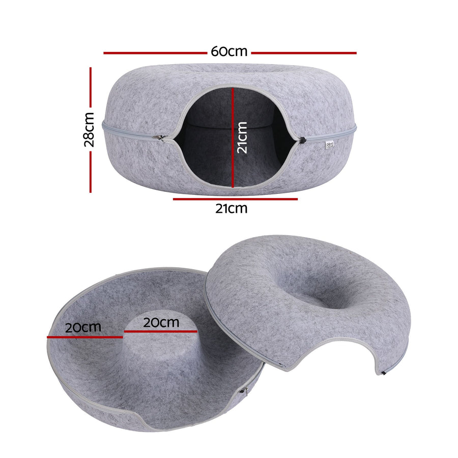 I Pet Cat Bed with Tunnel 60x28cm Donut Felt Cave - KAZIPAWS