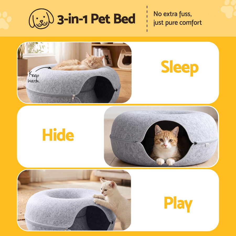 I Pet Cat Bed with Tunnel 60x28cm Donut Felt Cave - KAZIPAWS