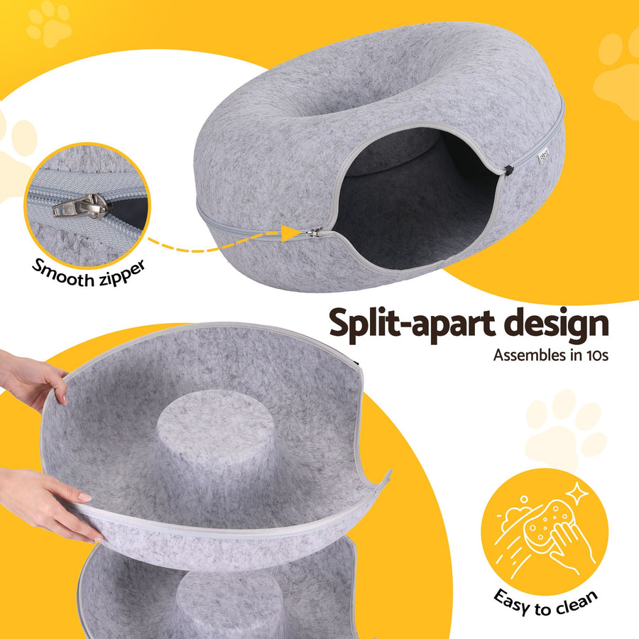 I Pet Cat Bed with Tunnel 60x28cm Donut Felt Cave - KAZIPAWS