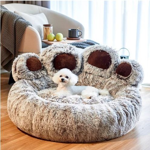 Fluffy Paw-Print Dog Bed - 90cm - KAZIPAWS