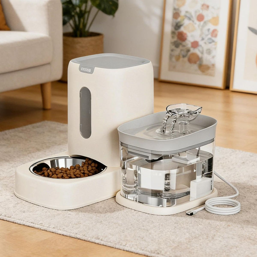 Automatic Cat Feeder and Water 2-in-1 Pet Automatic Fountain Food Bowl Spill-Proof Cat Waterer for Indoor Outdoor Home Vacation Balcony Living Room Bedroom - Pink - Size Feeder and Waterer - KAZIPAWS