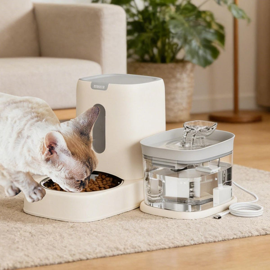 Automatic Cat Feeder and Water 2-in-1 Pet Automatic Fountain Food Bowl Spill-Proof Cat Waterer for Indoor Outdoor Home Vacation Balcony Living Room Bedroom - Pink - Size Feeder and Waterer - KAZIPAWS