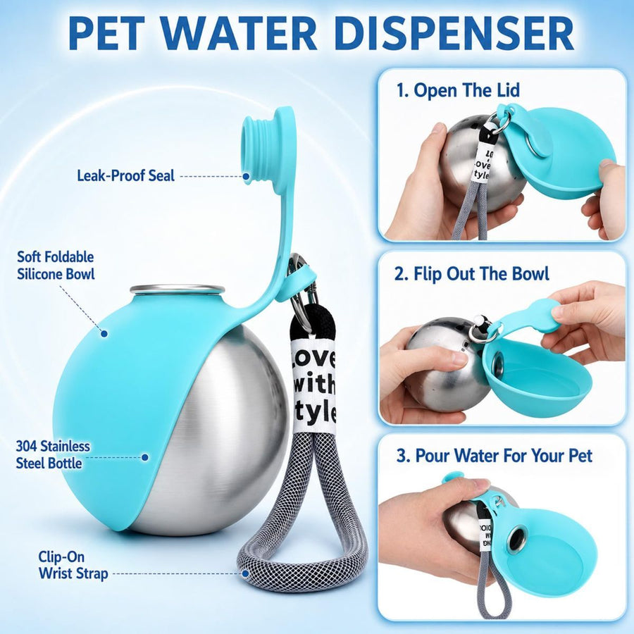 Portable Dog Water Bottle 2-In-1 Dog Water Dispenser Stainless Steel Pet Water - KAZIPAWS
