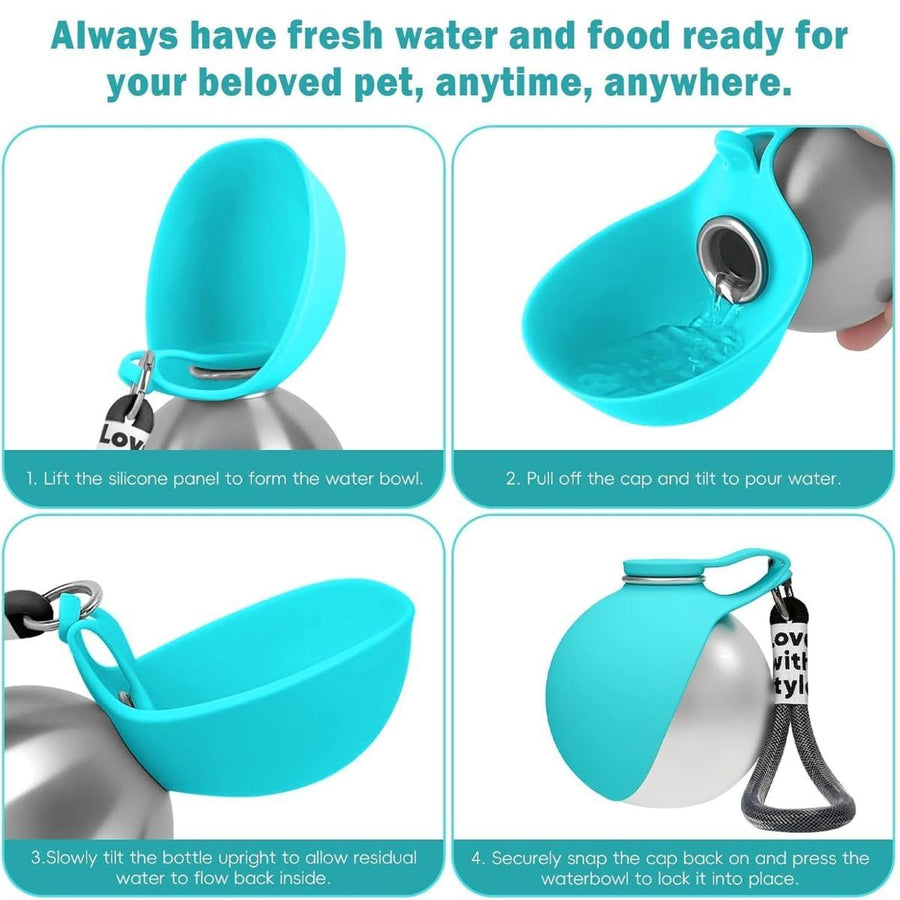Portable Dog Water Bottle 2-In-1 Dog Water Dispenser Stainless Steel Pet Water - KAZIPAWS
