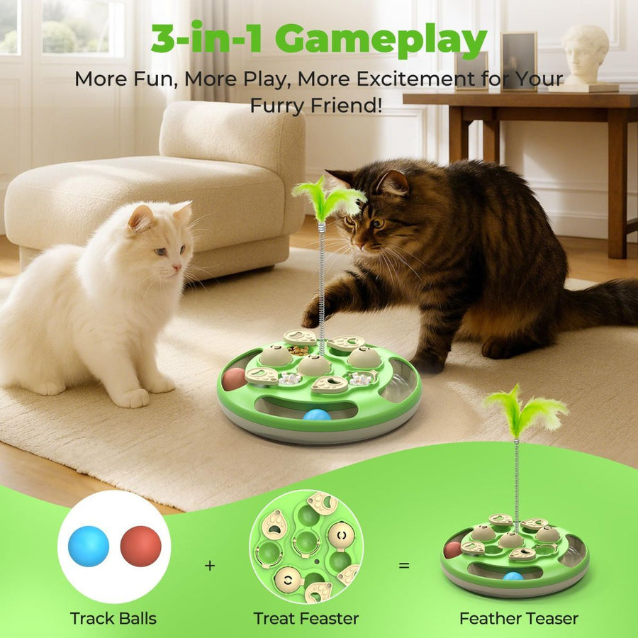 3-in-1 Cat Puzzle Feeder – Slow Feeder, Treat Dispenser &amp; Feather Teaser - KAZIPAWS