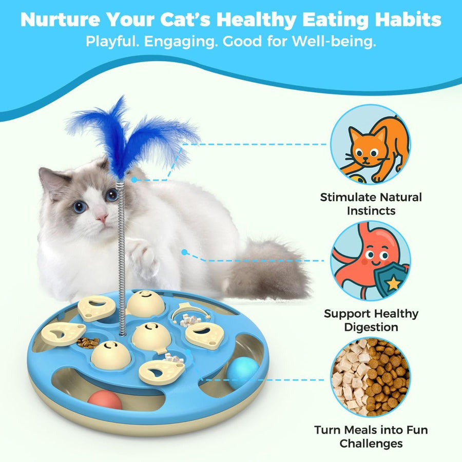 3-in-1 Cat Puzzle Feeder II – Slow Feeder, Treat Dispenser &amp; Feather Teaser - KAZIPAWS
