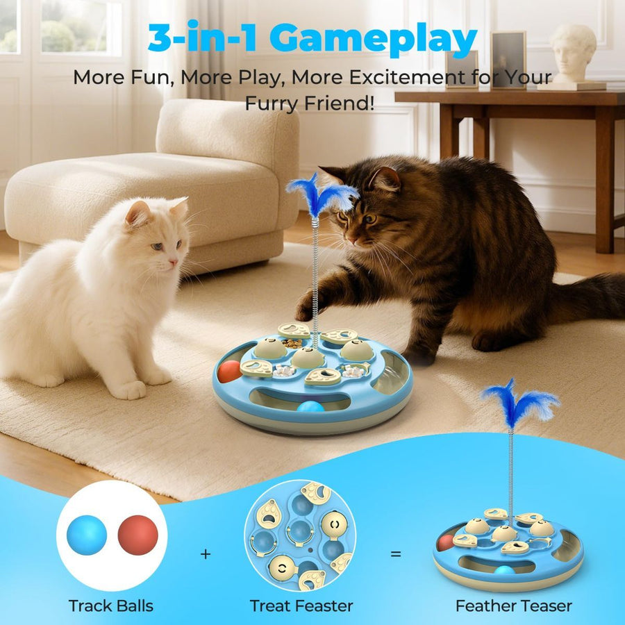 3-in-1 Cat Puzzle Feeder II – Slow Feeder, Treat Dispenser &amp; Feather Teaser - KAZIPAWS