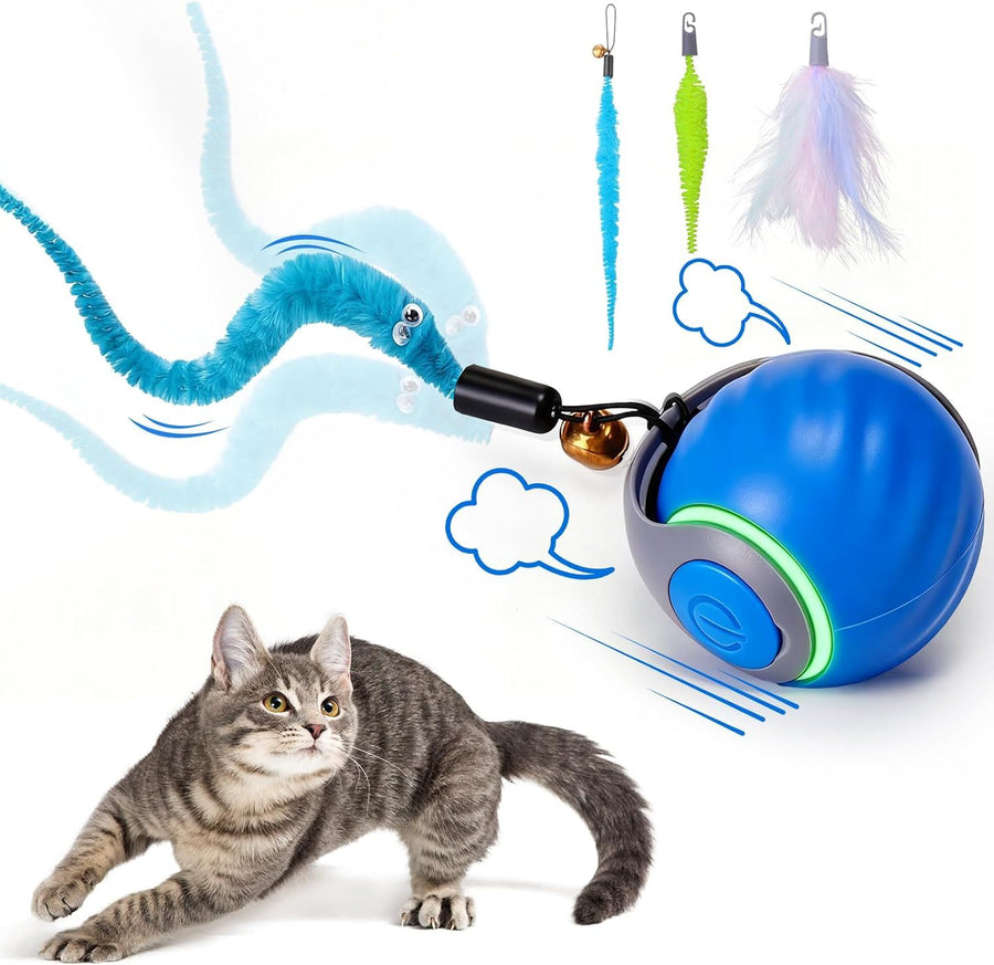 Automatic Interactive Cat Ball Toy – 3 Tails, 2 Speeds, Rechargeable (Blue) - KAZIPAWS