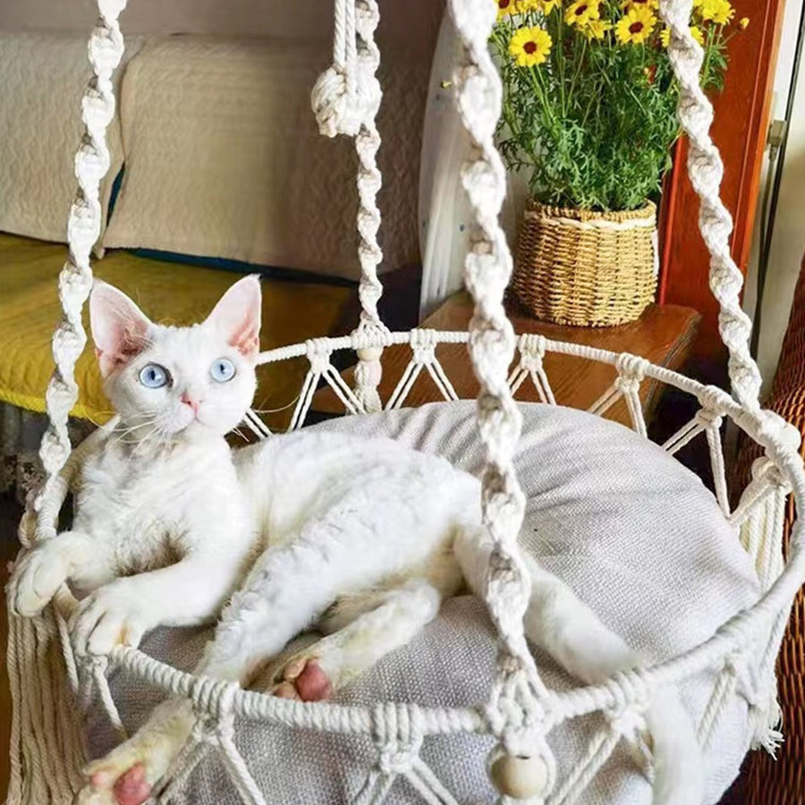 Macrame Cat Hammock Handwoven Cats Bed Hanging Indoor Boho - KAZIPAWS