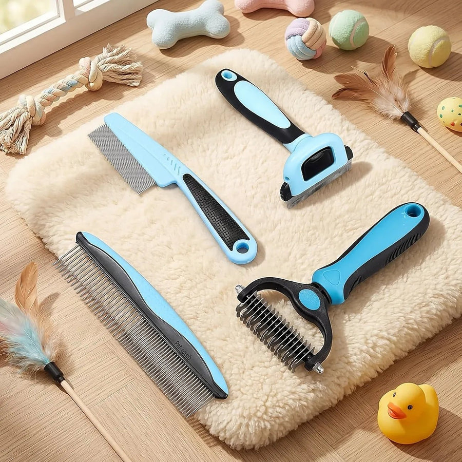 4-Piece Pet Dematting Comb Set – Deshedding & Flea Comb for Cats & Dogs, Fine Tooth & Double-Sided Grooming Tools, Long & Short Hair - KAZIPAWS