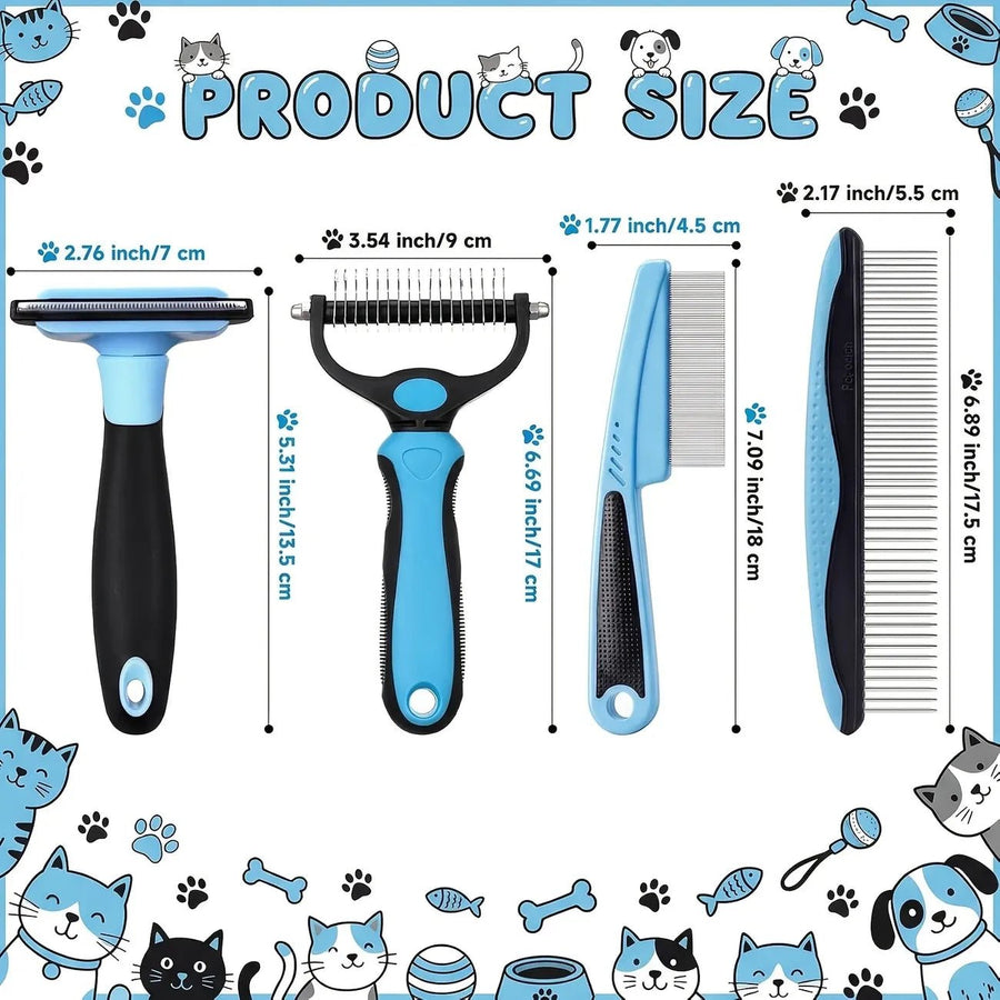 4-Piece Pet Dematting Comb Set – Deshedding & Flea Comb for Cats & Dogs, Fine Tooth & Double-Sided Grooming Tools, Long & Short Hair - KAZIPAWS