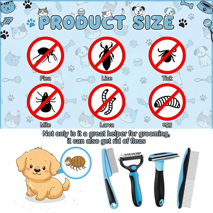 4-Piece Pet Dematting Comb Set – Deshedding & Flea Comb for Cats & Dogs, Fine Tooth & Double-Sided Grooming Tools, Long & Short Hair - KAZIPAWS
