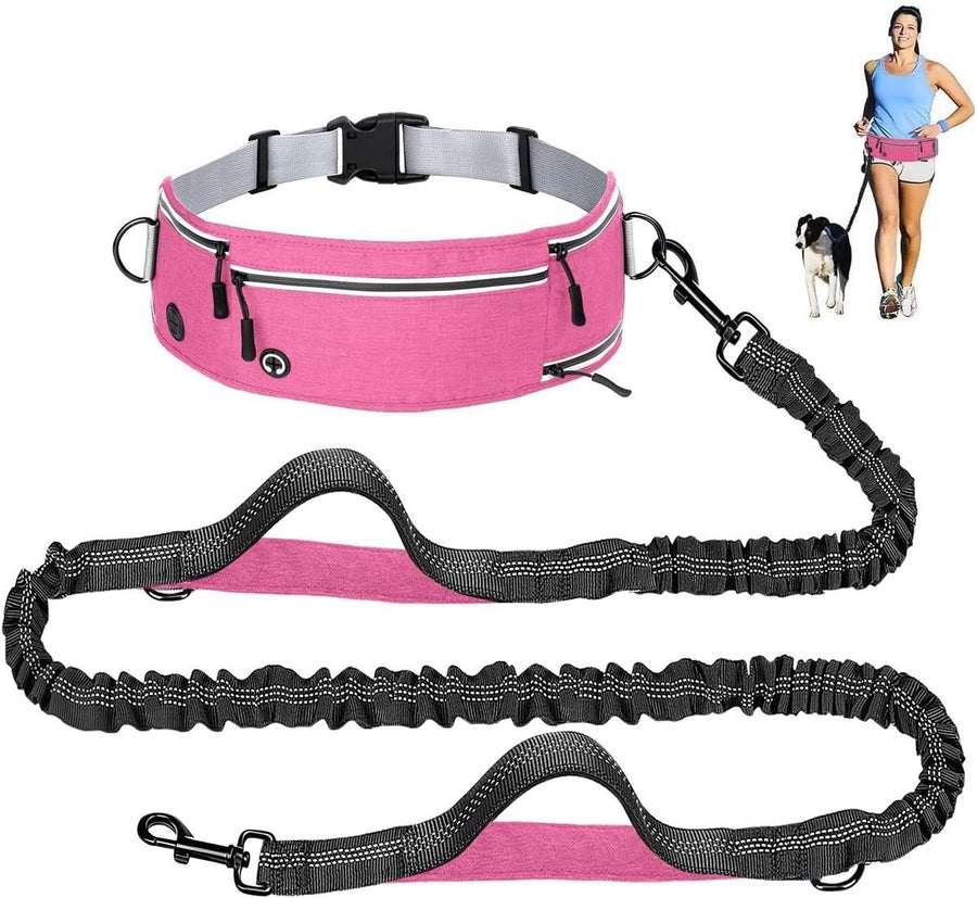 Hands Free Dog Leash With Adjustable Waist Belt, Shock Absorbing Bungee, Reflective Lead, Pockets And Bottle Holder, Pink - KAZIPAWS