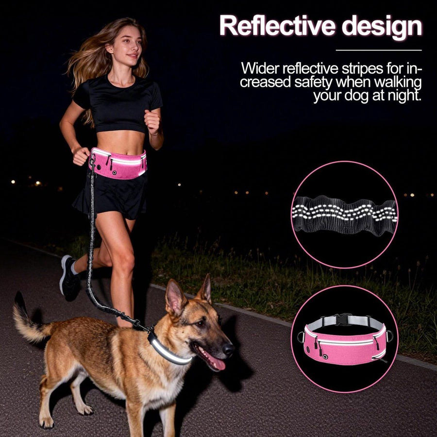 Hands Free Dog Leash With Adjustable Waist Belt, Shock Absorbing Bungee, Reflective Lead, Pockets And Bottle Holder, Pink - KAZIPAWS