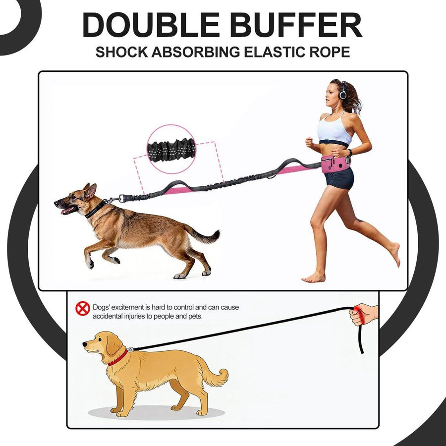Hands Free Dog Leash With Adjustable Waist Belt, Shock Absorbing Bungee, Reflective Lead, Pockets And Bottle Holder, Pink - KAZIPAWS
