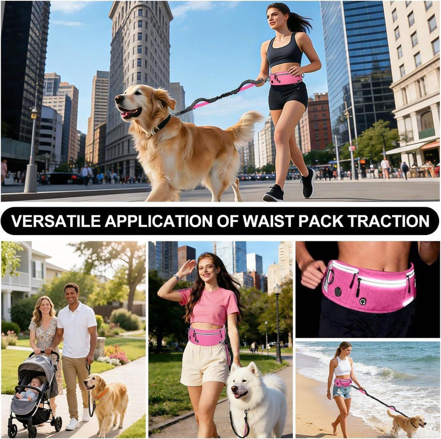Hands Free Dog Leash With Adjustable Waist Belt, Shock Absorbing Bungee, Reflective Lead, Pockets And Bottle Holder, Pink - KAZIPAWS