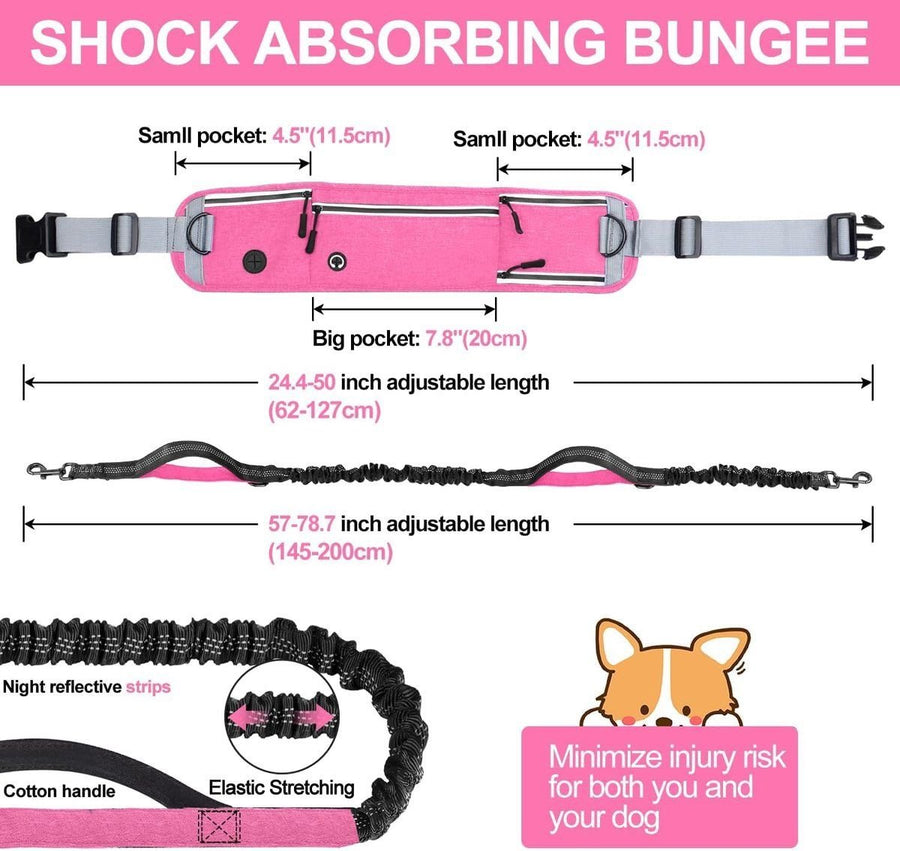 Hands Free Dog Leash With Adjustable Waist Belt, Shock Absorbing Bungee, Reflective Lead, Pockets And Bottle Holder, Pink - KAZIPAWS