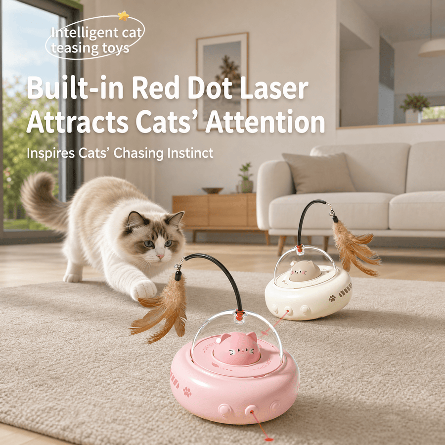 Smart Interactive Cat Teaser Toy – Rechargeable LED Light &amp; Feather Wand (White) - KAZIPAWS
