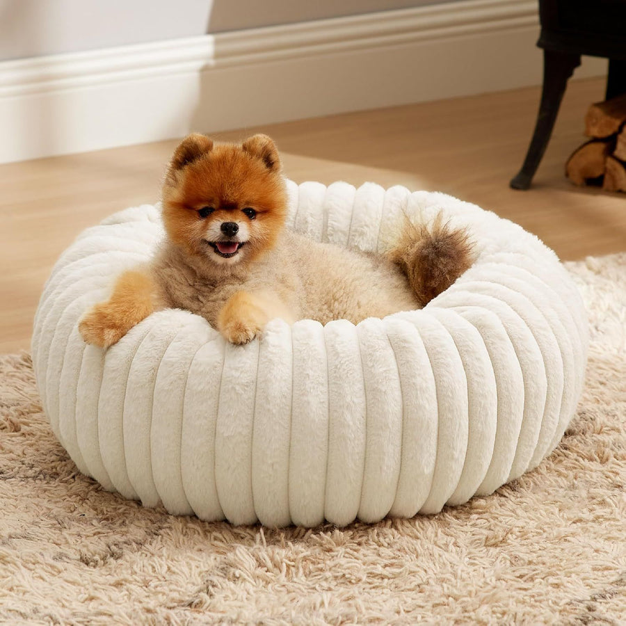 Calming Donut Pet Bed Faux Rabbit Fur Soft Warm Round - KAZIPAWS