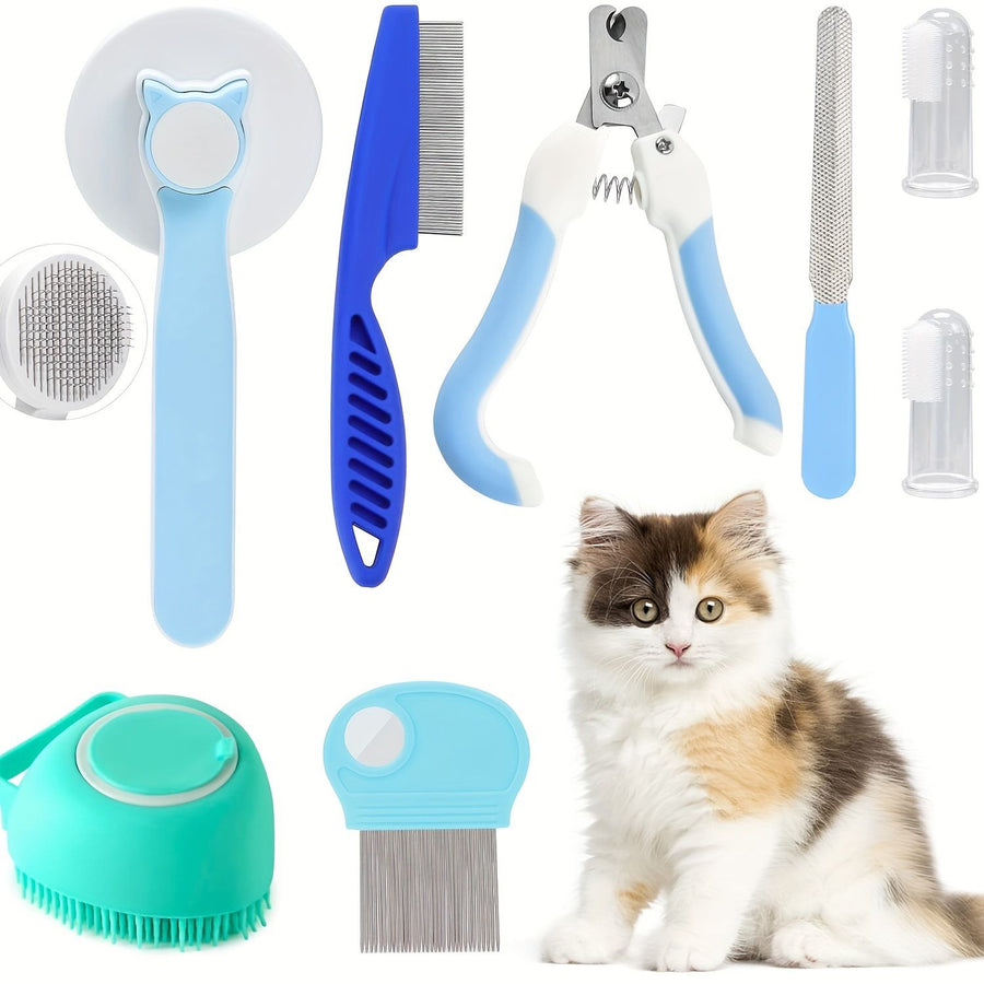 Pet Grooming Kit 8 Piece Nail Clipper File Deshedding Brush Flea Comb Toothbrush - Blue - KAZIPAWS