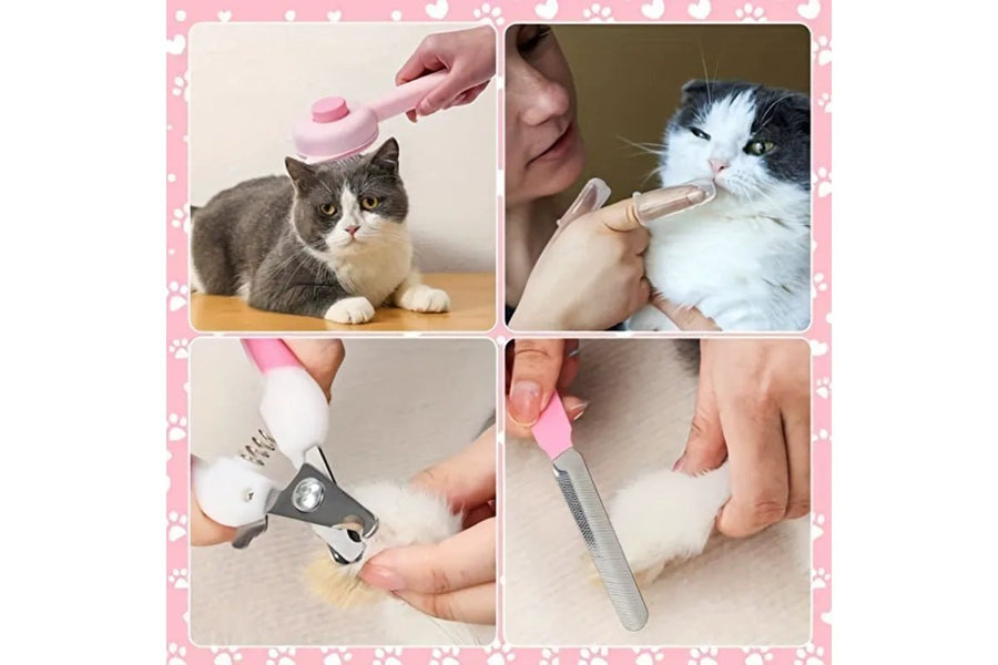 Pet Grooming Kit 8 Piece Nail Clipper File Deshedding Brush Flea Comb Toothbrush - Blue - KAZIPAWS