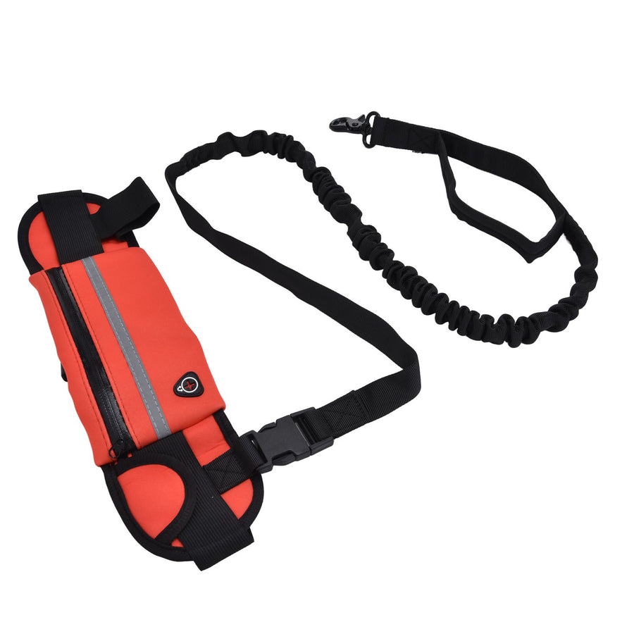 Hands Free Dog Leash Detachable Zipper Bag Reflective Strip Design Hands Free Flexible Waist Dog Leash for WalkingRed - KAZIPAWS