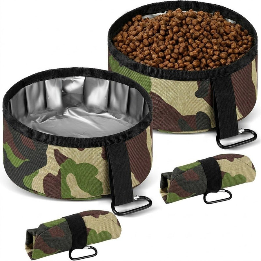 Durable Oxford Fabric Collapsible Dog Bowl, Portable Foldable Pet Food and Water Container for Outdoor Adventures, Camping, and Daily Walks with Convenient Carabiner Clip, Large Capacity Travel Bowl for Dogs and Cats (S, Camo) - KAZIPAWS