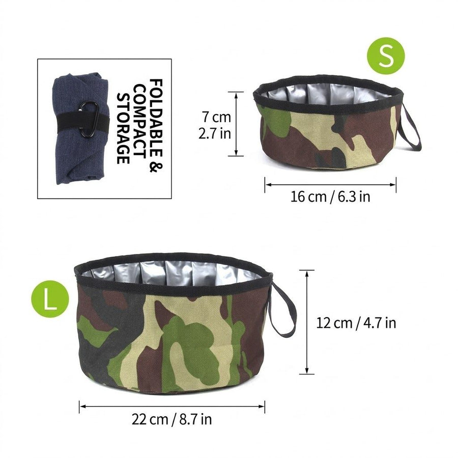 Durable Oxford Fabric Collapsible Dog Bowl, Portable Foldable Pet Food and Water Container for Outdoor Adventures, Camping, and Daily Walks with Convenient Carabiner Clip, Large Capacity Travel Bowl for Dogs and Cats (S, Camo) - KAZIPAWS