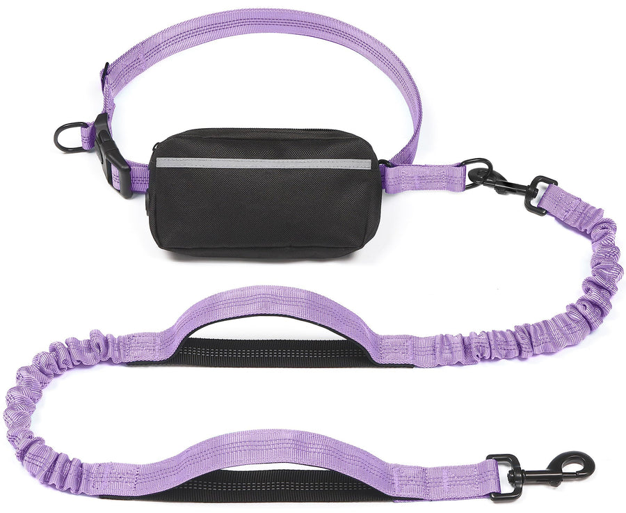 Hands-Free Dog Leash with Waist Belt and Storage Pouch, Shock-Absorbing Bungee Leash for Running, Walking, and Outdoor Adventures, Reflective Safety Design for Night Walks (Purple) - KAZIPAWS