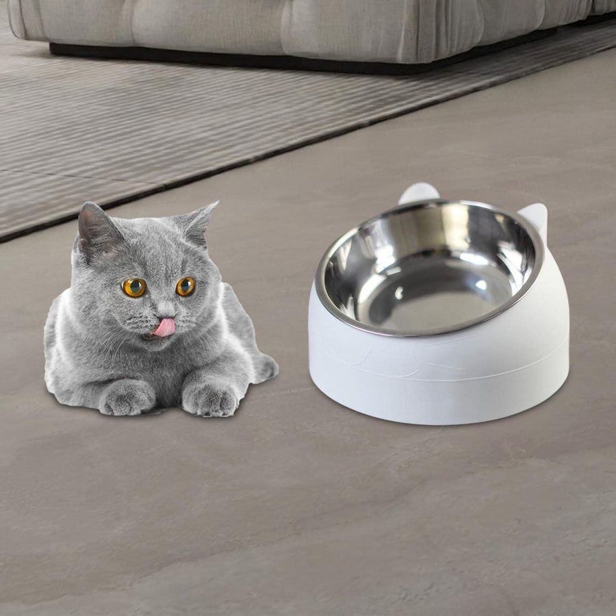 Pet Feeder Raised Water Food Feeder Stainless Steel Tilted Elevated Drinking Non Slip Single Bowl for Cat Dog for Small White - KAZIPAWS