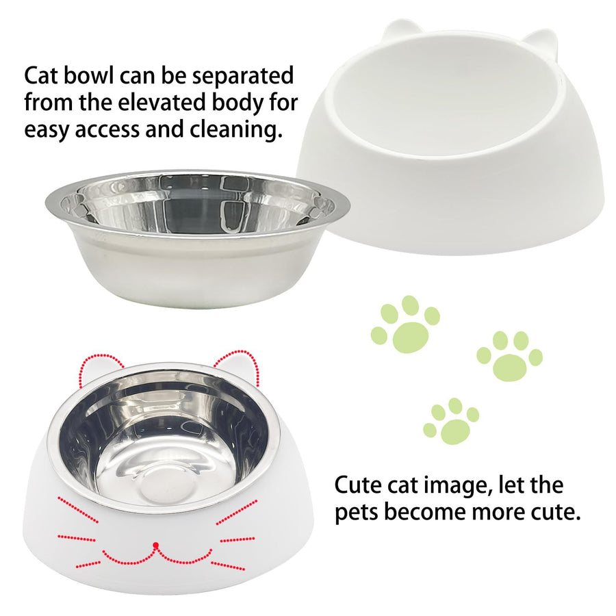 Pet Feeder Raised Water Food Feeder Stainless Steel Tilted Elevated Drinking Non Slip Single Bowl for Cat Dog for Small White - KAZIPAWS