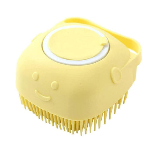 Bath Massage Brush with Soap and Shampoo Dispenser Soft Silicone Bristle for Long Short Haired Dogs Cats Shower (Yellow)