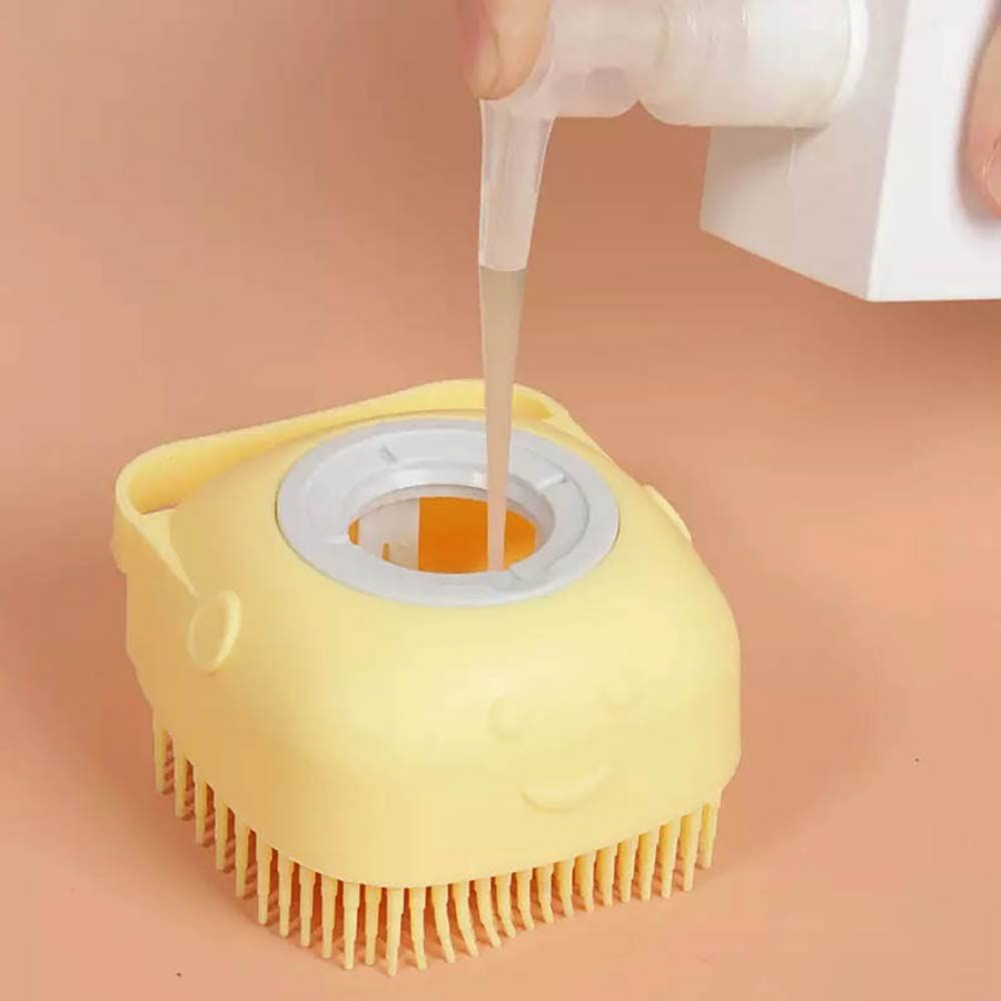 Bath Massage Brush with Soap and Shampoo Dispenser Soft Silicone Bristle for Long Short Haired Dogs Cats Shower (Yellow) - KAZIPAWS