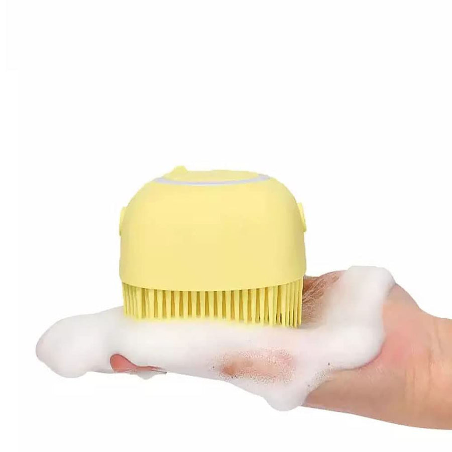 Bath Massage Brush with Soap and Shampoo Dispenser Soft Silicone Bristle for Long Short Haired Dogs Cats Shower (Yellow) - KAZIPAWS