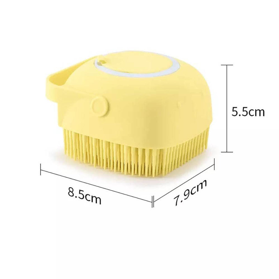 Bath Massage Brush with Soap and Shampoo Dispenser Soft Silicone Bristle for Long Short Haired Dogs Cats Shower (Yellow) - KAZIPAWS