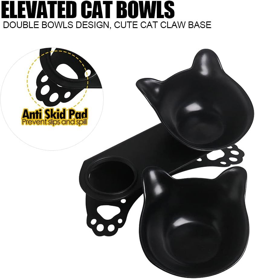 Elevated Cat Bowls,Double Cat Dog Bowls,15°Tilted Raised Cat Bowls,Cat Food Bowls Protective Cat Feeder Bowl for and Small Dogs - KAZIPAWS