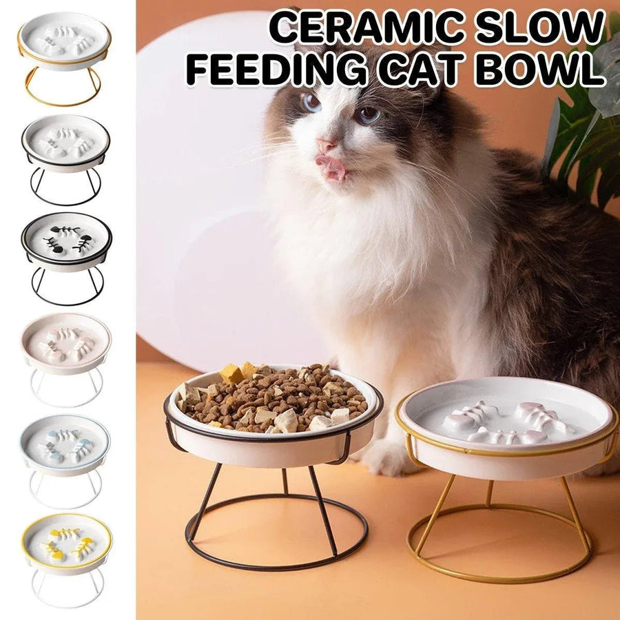 Ceramic Cat Bowl Slow Feeder Food Tray for Cats - KAZIPAWS