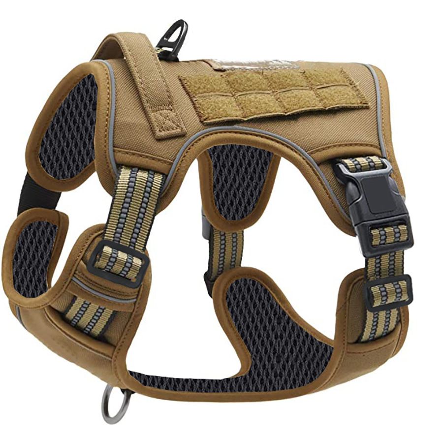 Khaki Professional Adjustable Tactical Dog Mesh Harness - Reflective No-Pull Pet Vest with Control Handle (M Size for Weight 30-50 lbs) - KAZIPAWS